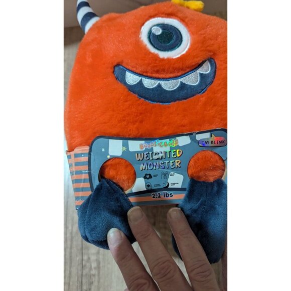 Orange Plush Blink Weighted Monster Toy With Striped Horns & Yellow Bow new - Picture 6 of 8